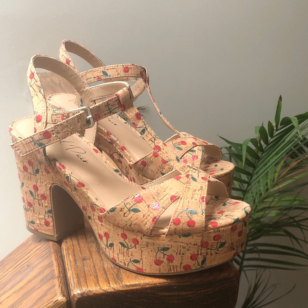 Wild Pair Beige Cork-Look Cherry Platform Wedge Sandals